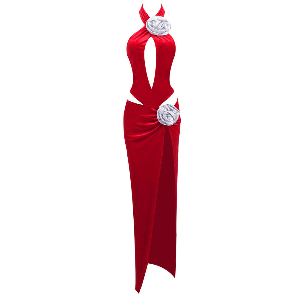Velvet Halter Neck Cut Out Rosette High Split Backless Maxi Gown - View 5