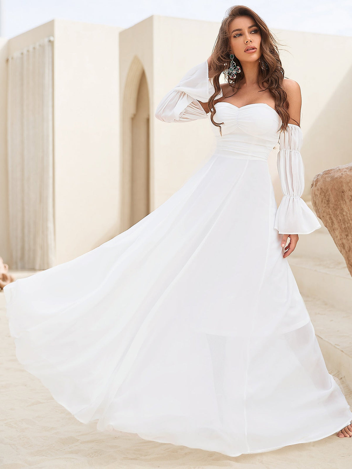 Off Shoulder Sweetheart Ruched Bodice Long Puff Sleeve Maxi Gown - View 2