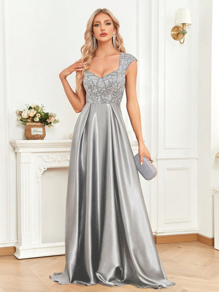 Satin Sequin Sweetheart Cap Sleeve A-Line Maxi Dress - View 3