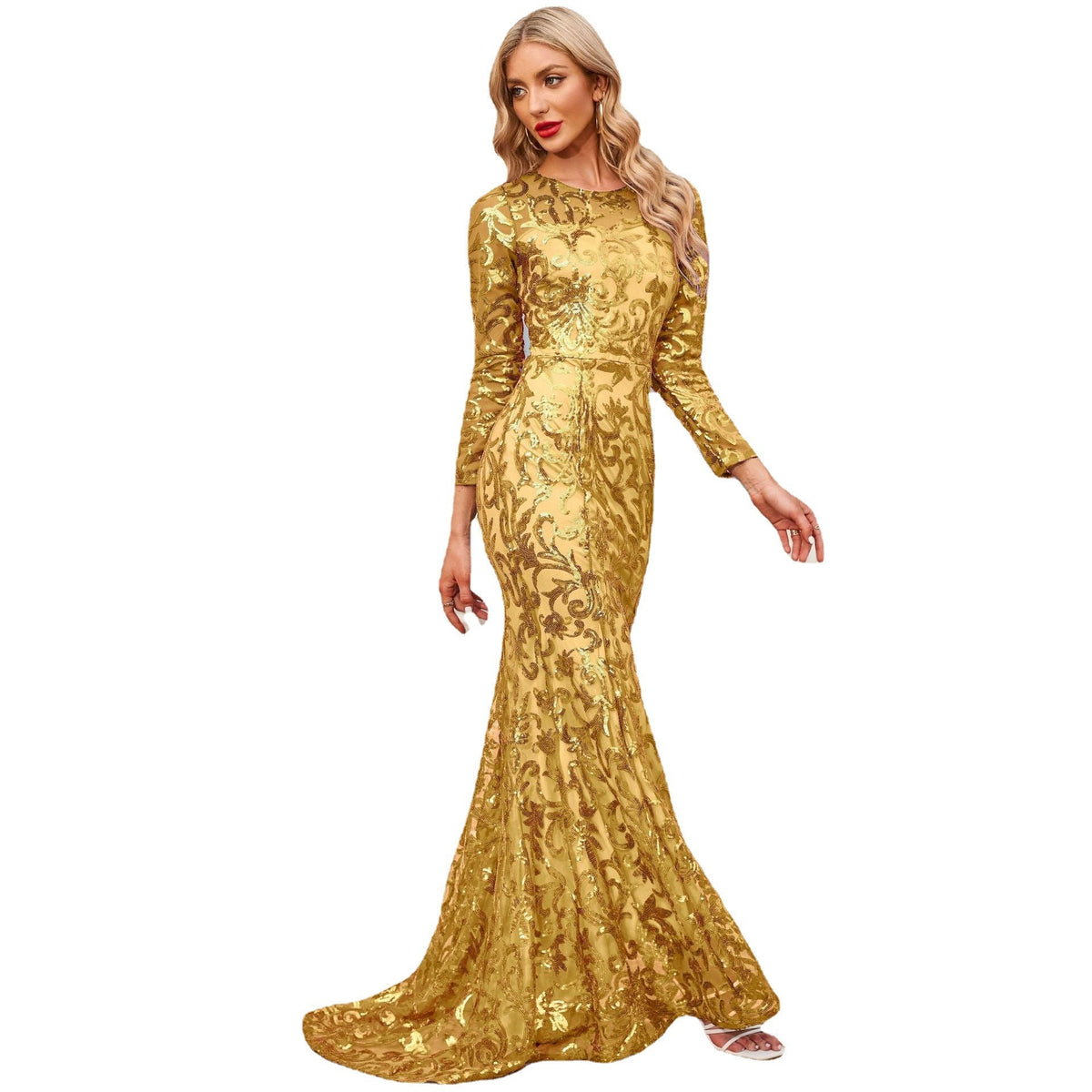 Sequin Round Neck Long Sleeve Mermaid Maxi Gown - View 4