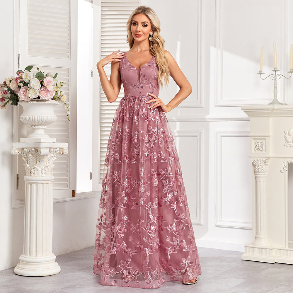 Floral Sequin V-Neck Sleeveless Tulle A-Line Maxi Gown - View 4