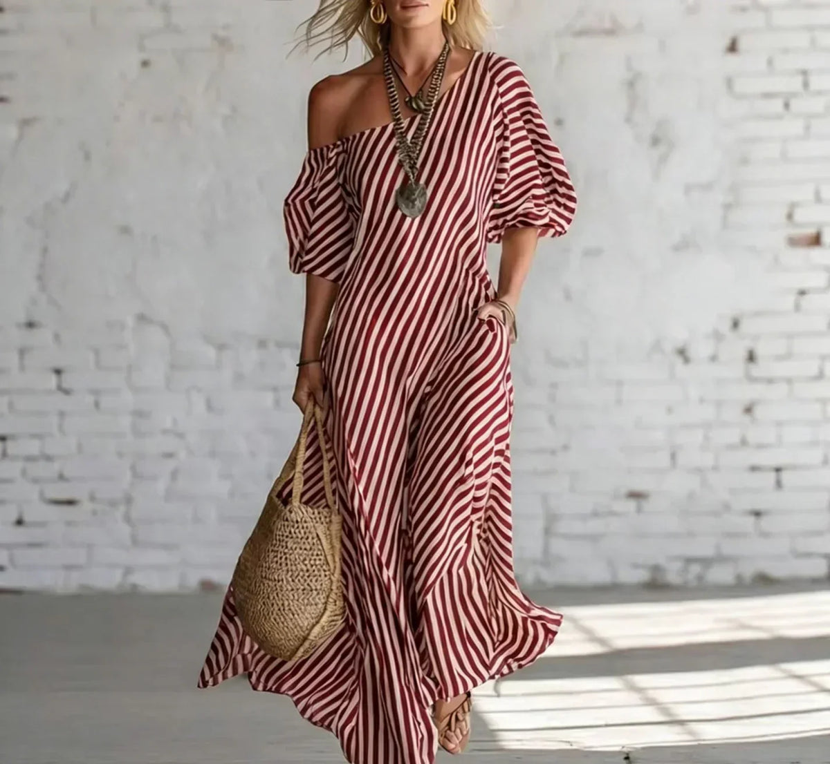 Striped One Shoulder Half Sleeve Maxi Dress 5