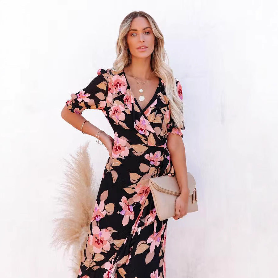 Floral V-Neck Puff Sleeve Wrap Ruffle Hem High Low Maxi Dress 2