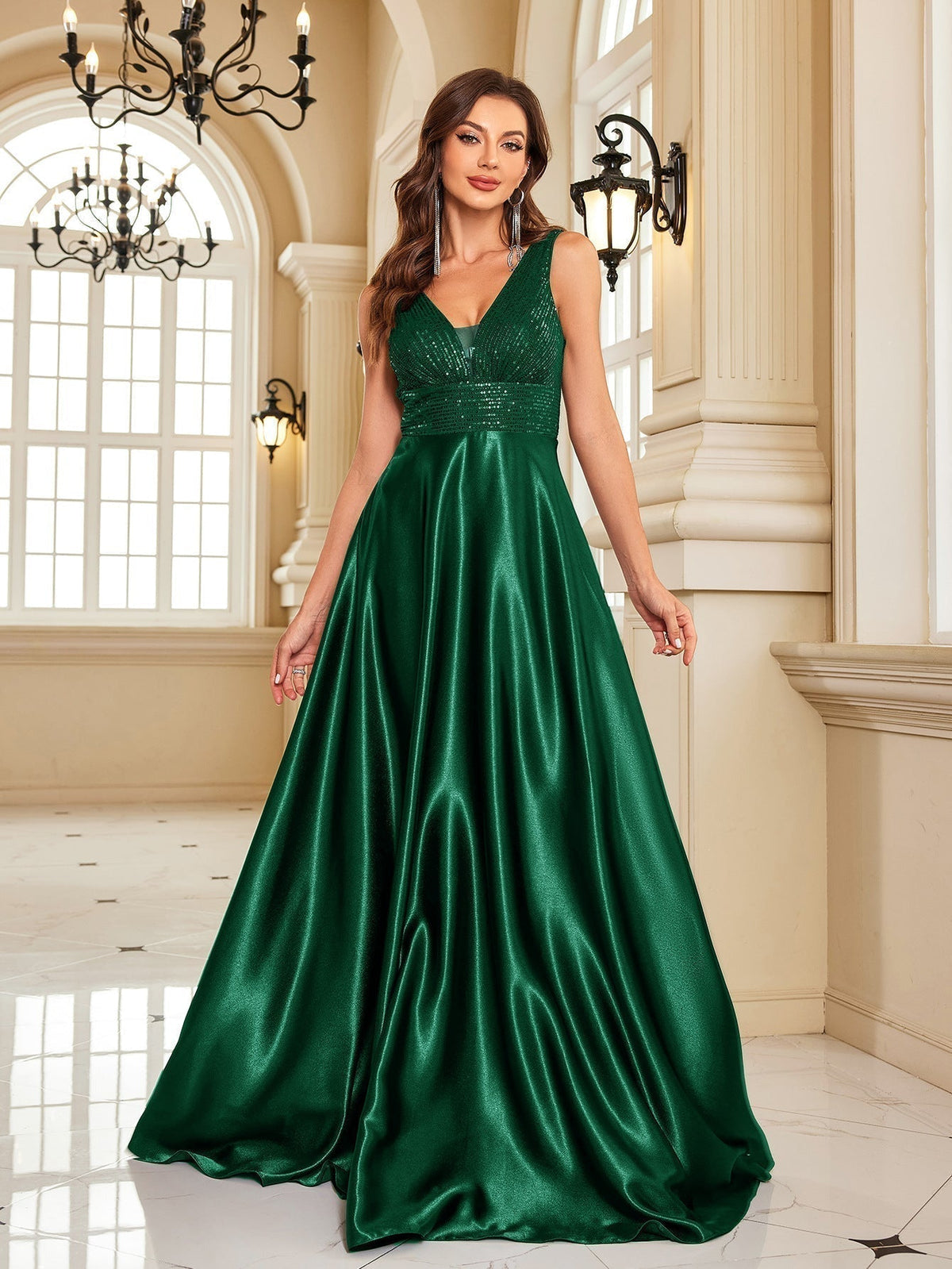 Sequin V-Neck Satin A-Line Maxi Dress - View 7