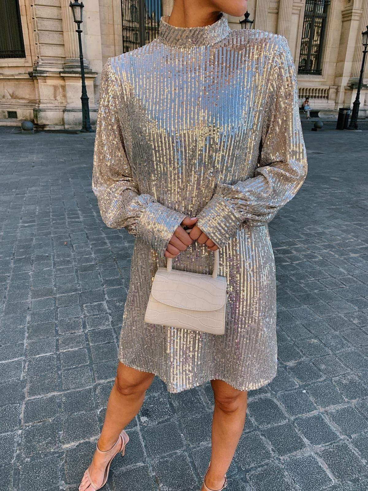 Sequin Mock Neck Long Sleeve Tie Waist Belted Bow Mini Dress - View 5