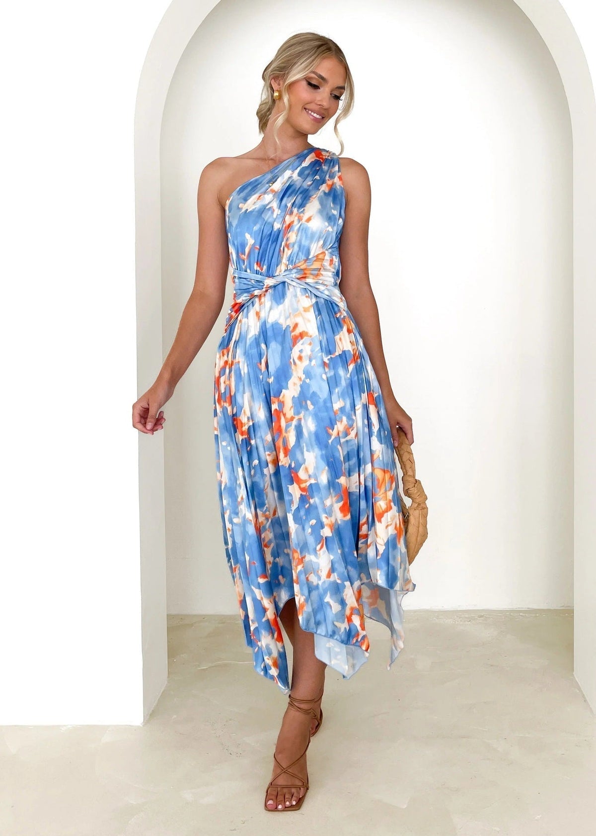 Floral One Shoulder Belted Handkerchief Hem Pleated Midi Dress - View 8