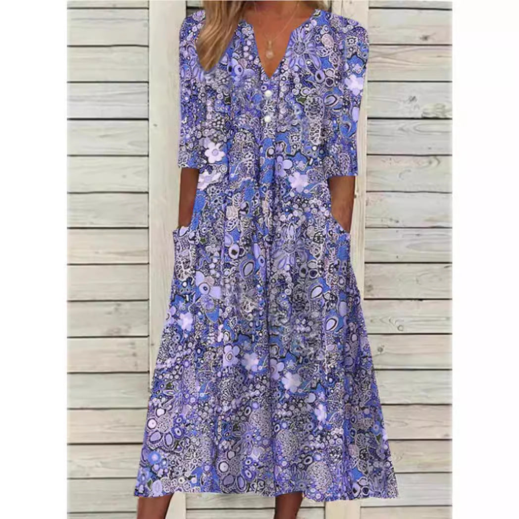 Floral Print V-Neck Button Half Sleeve Patch Pocket A-Line Midi Dress - View 2