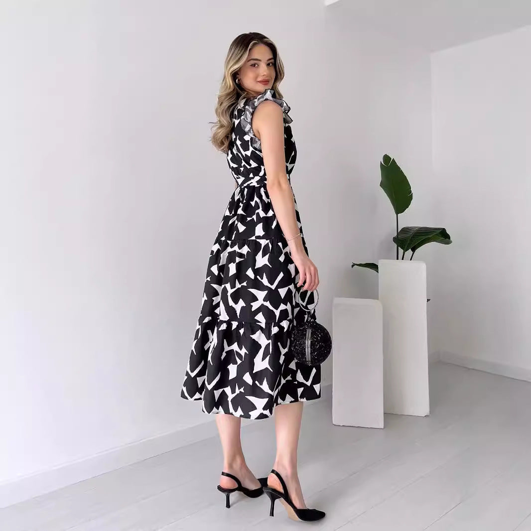 V neck Waist Trimming Lace up Black White Printed Midi Dress - View 2