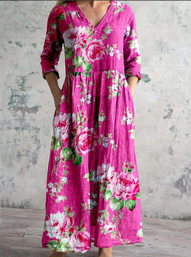 Floral Print V-Neck Long Sleeve Tiered Maxi Dress 4