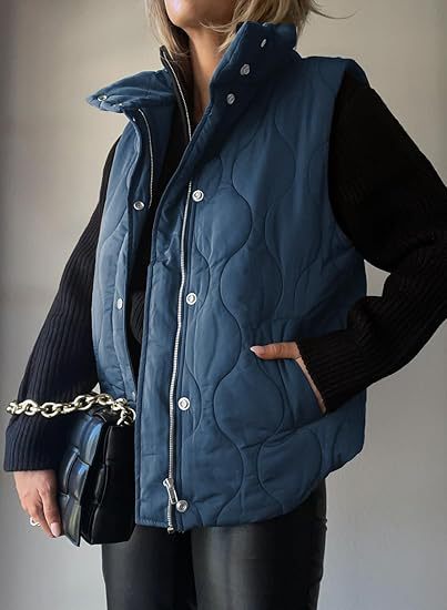 Stand Collar Zip Snap Front Quilted Puffer Vest 3