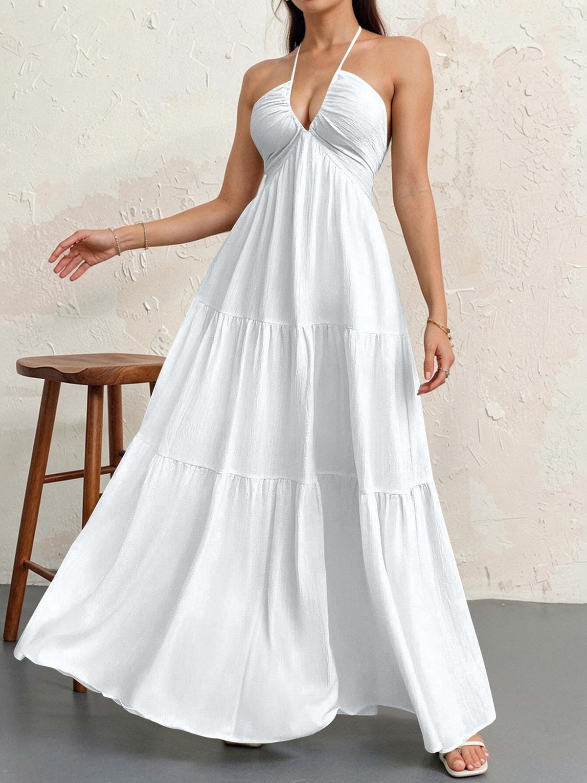 Halter Neck Deep V-Neck Tiered Maxi Dress 7