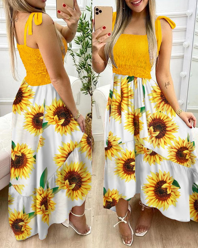 Floral Print Shirred Tie Strap Ruffle Hem Midi Dress - View 10