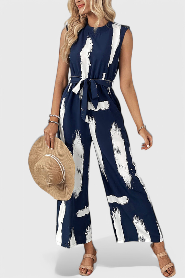 Brushstroke Print Sleeveless Belted Wide Leg Jumpsuit
