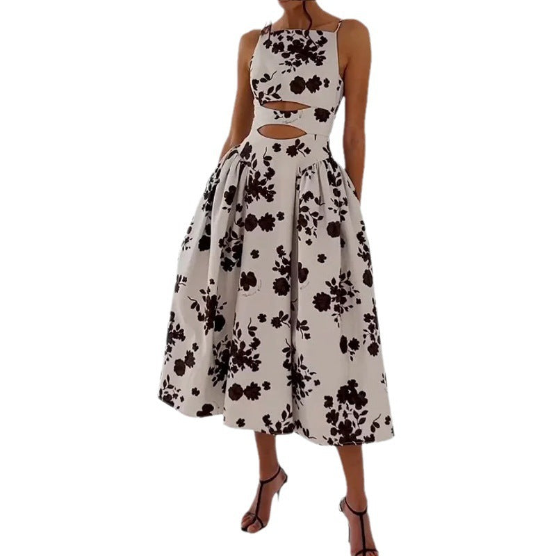 Floral Print Square Neck Cut Out A-Line Midi Dress - View 5