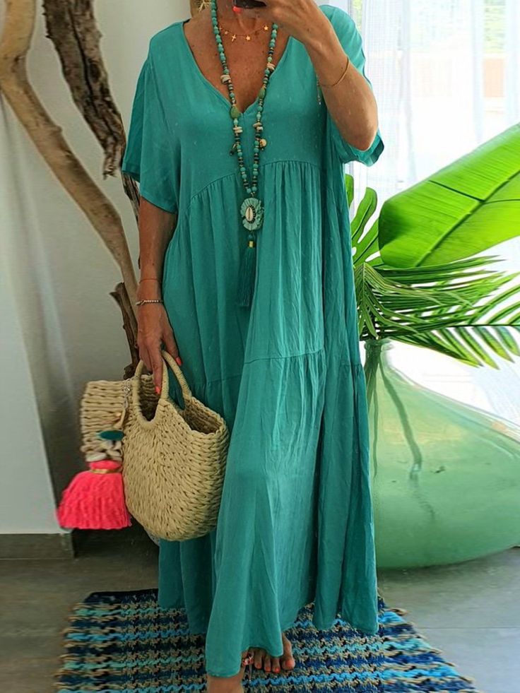 V-Neck Short Sleeve Tiered Maxi Dress Summer 3