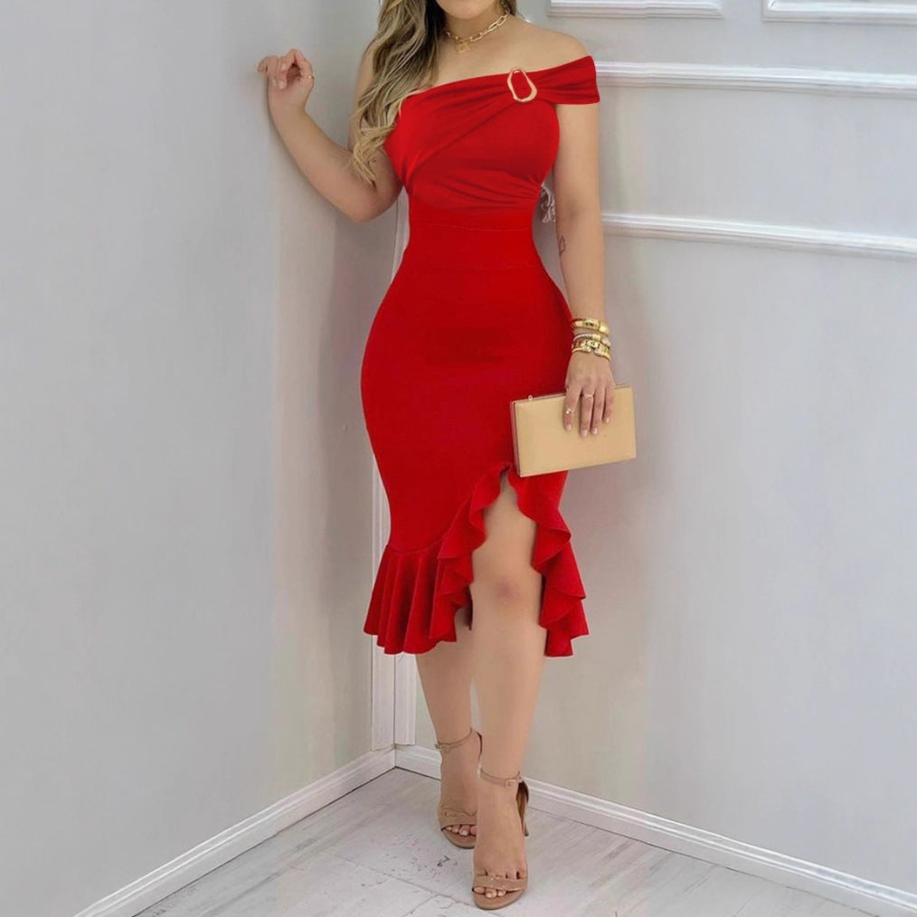 Off Shoulder Ring Detail Ruched Ruffle Hem Bodycon Midi Dress - View 3