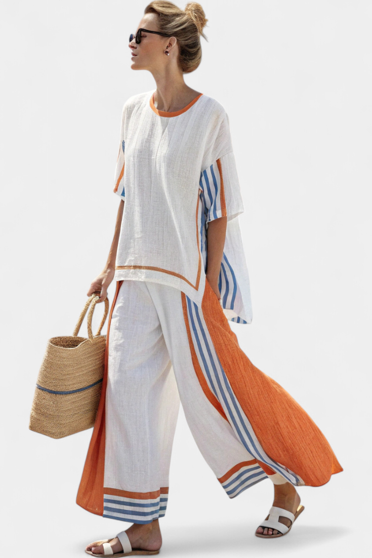 Contrast Stripe Trim Oversized Top and Wide Leg Pants Two Piece Set