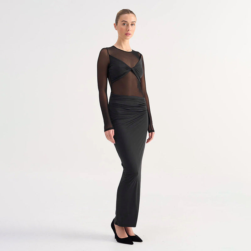 Mesh Stitching Sheer Long Sleeve Maxi Dress - View 4