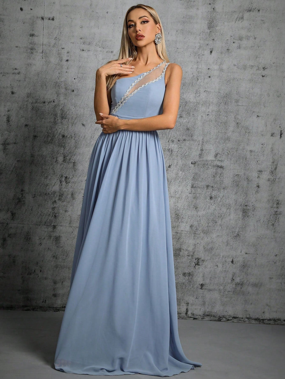 One Shoulder Lace Trim Chiffon A-Line Maxi Evening Gown - View 4