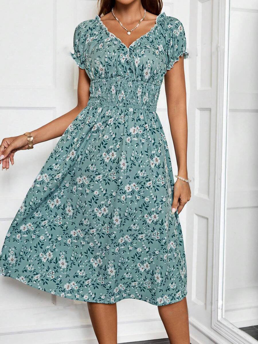 Floral V-Neck Short Sleeve Smocked Waist Fit and Flare Midi Dress - View 6