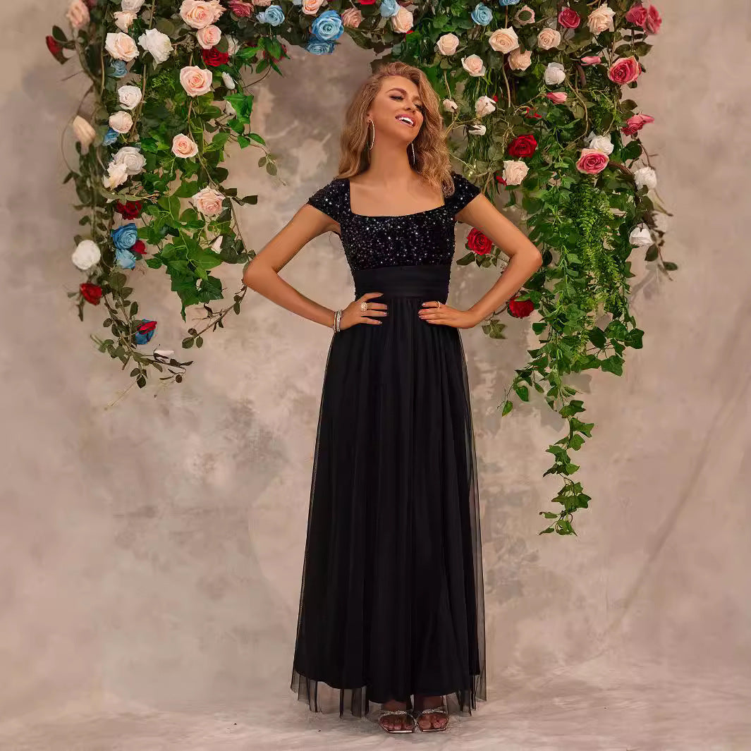 Sequin Square Neck Cap Sleeve High Split Tulle Maxi Dress - View 3