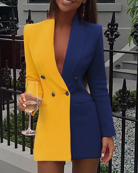 Double Breasted Flap Pocket Long Sleeve Deep V-Neck Blazer Mini Dress - View 7