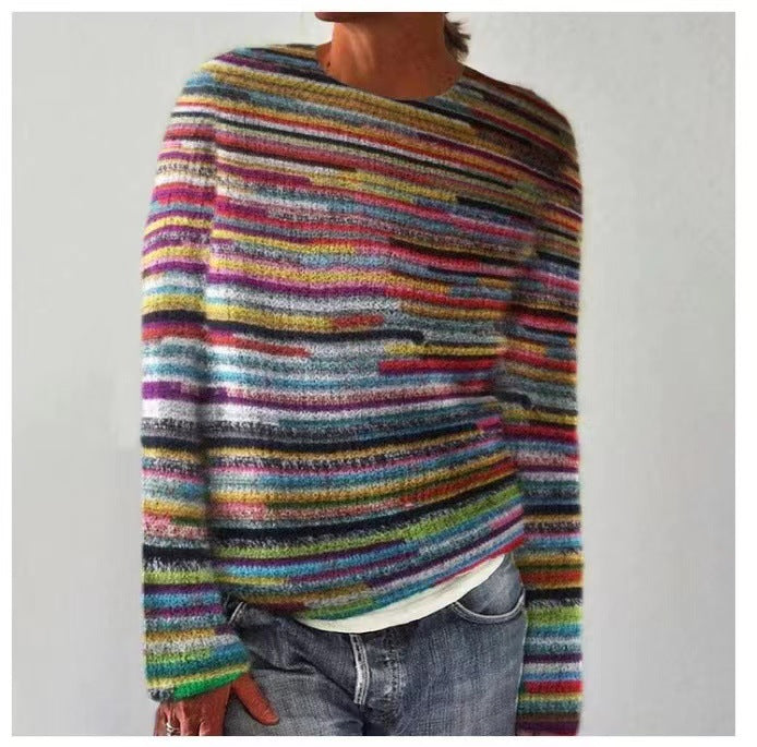 Striped Crew Neck Long Sleeve Knit Sweater