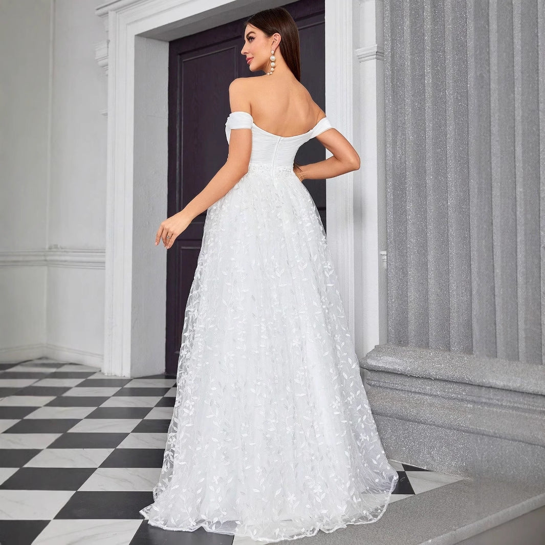 Floral Embroidered Off Shoulder Sweetheart A-Line Maxi Gown - View 4