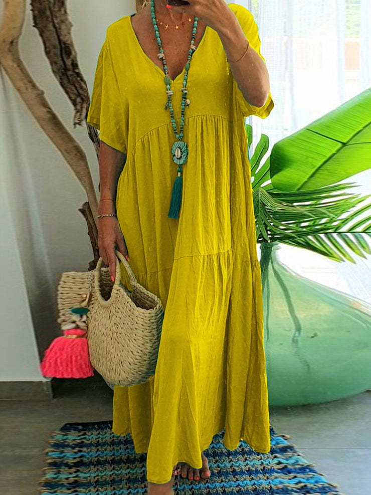 V-Neck Short Sleeve Tiered Maxi Dress Summer 2