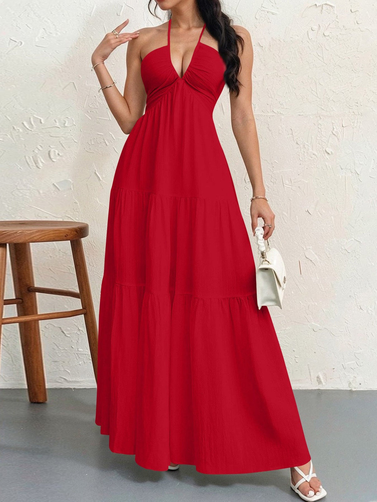 Halter Neck Deep V-Neck Tiered Maxi Dress