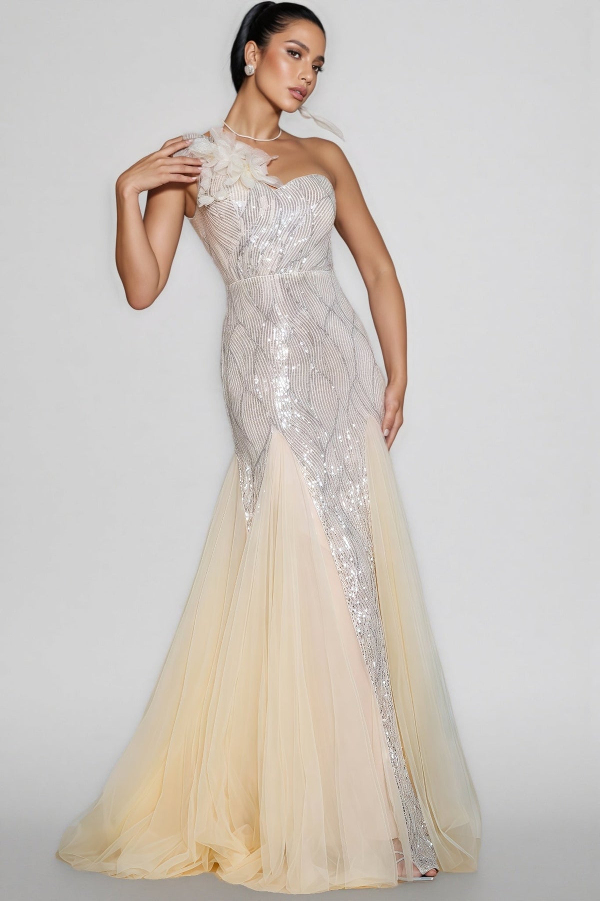 Sequin One Shoulder Floral Applique Tulle Godet Mermaid Maxi Gown - View 2