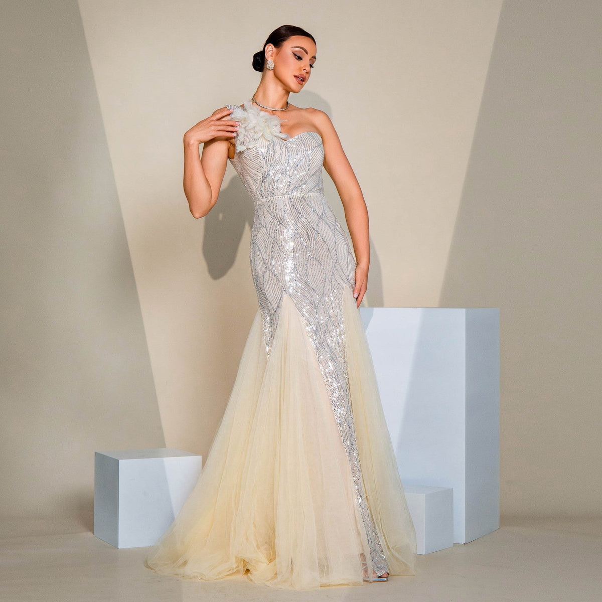 Sequin One Shoulder Floral Applique Tulle Maxi Gown - View 3