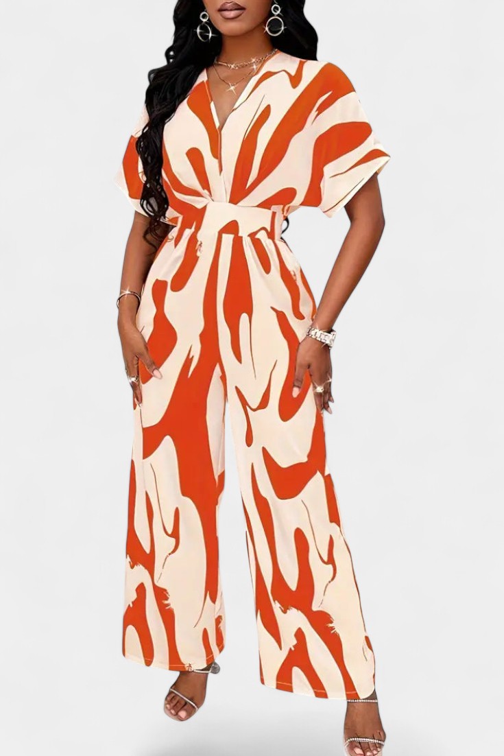 Abstract Print Collared Short Sleeve Wide Leg Jumpsuit 10