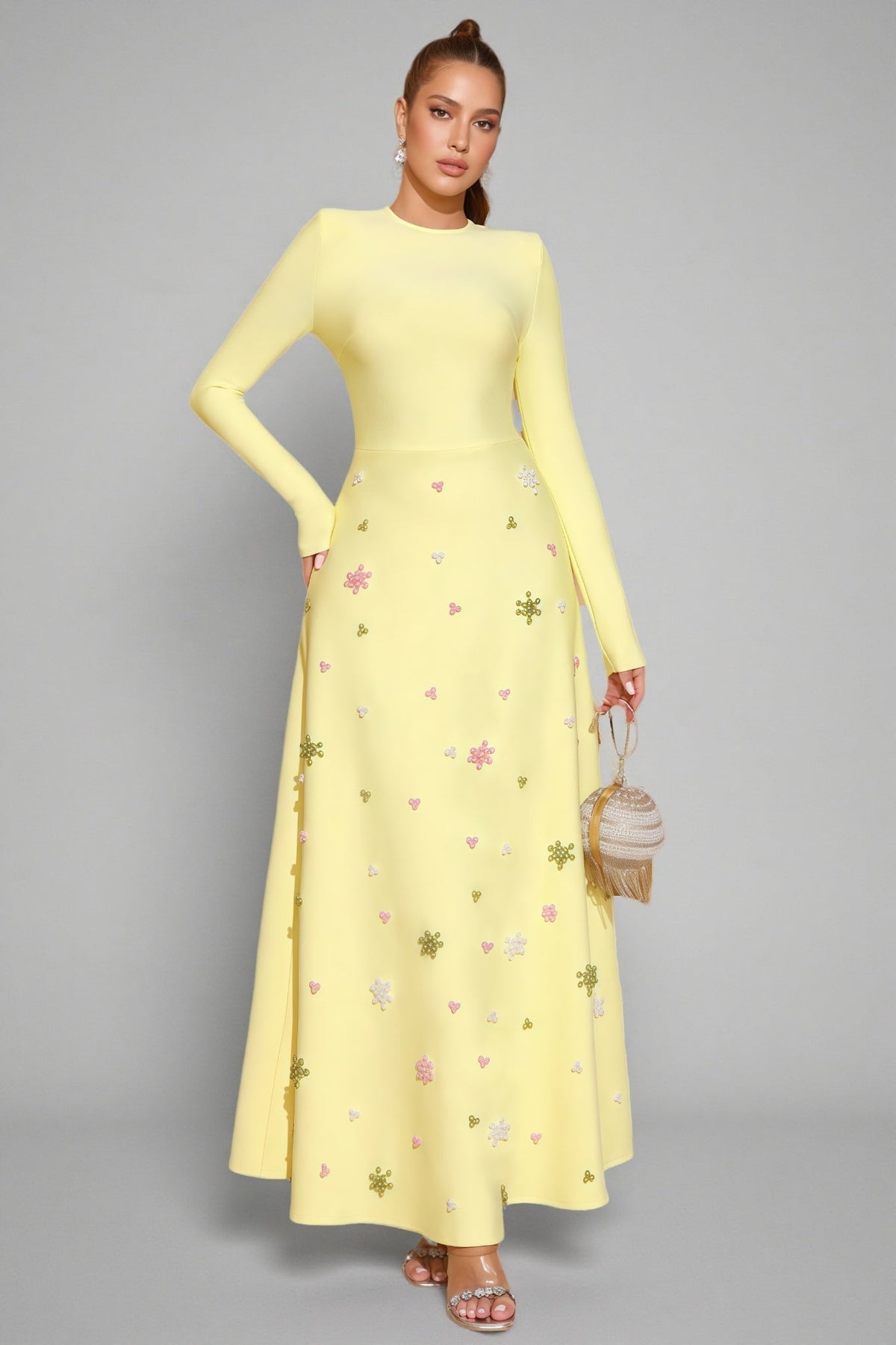 Long Sleeve Crew Neck Beaded Floral Applique A-Line Maxi Gown - View 3