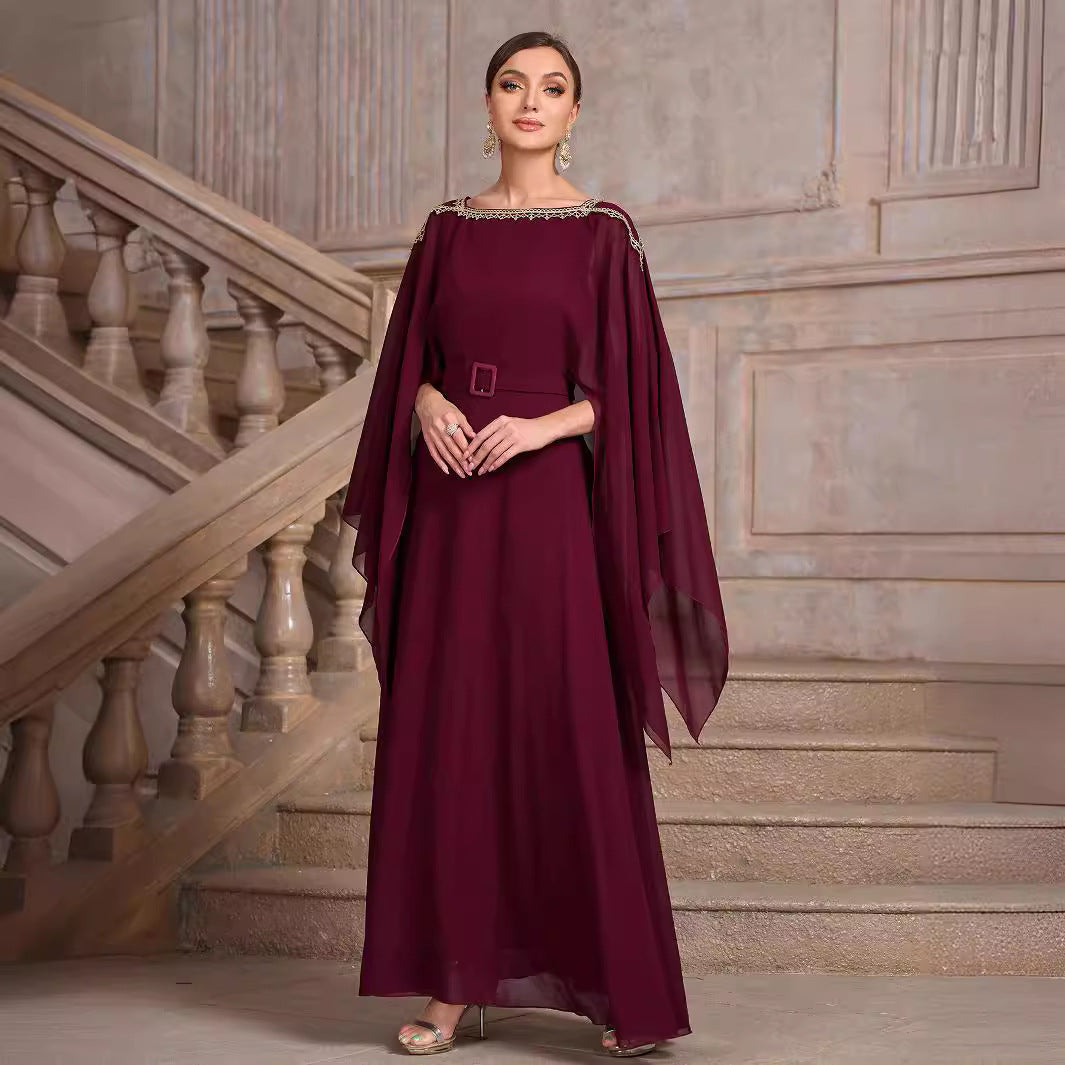 Chiffon Beaded Neckline Sheer Batwing Cape Sleeve Maxi Gown - View 3