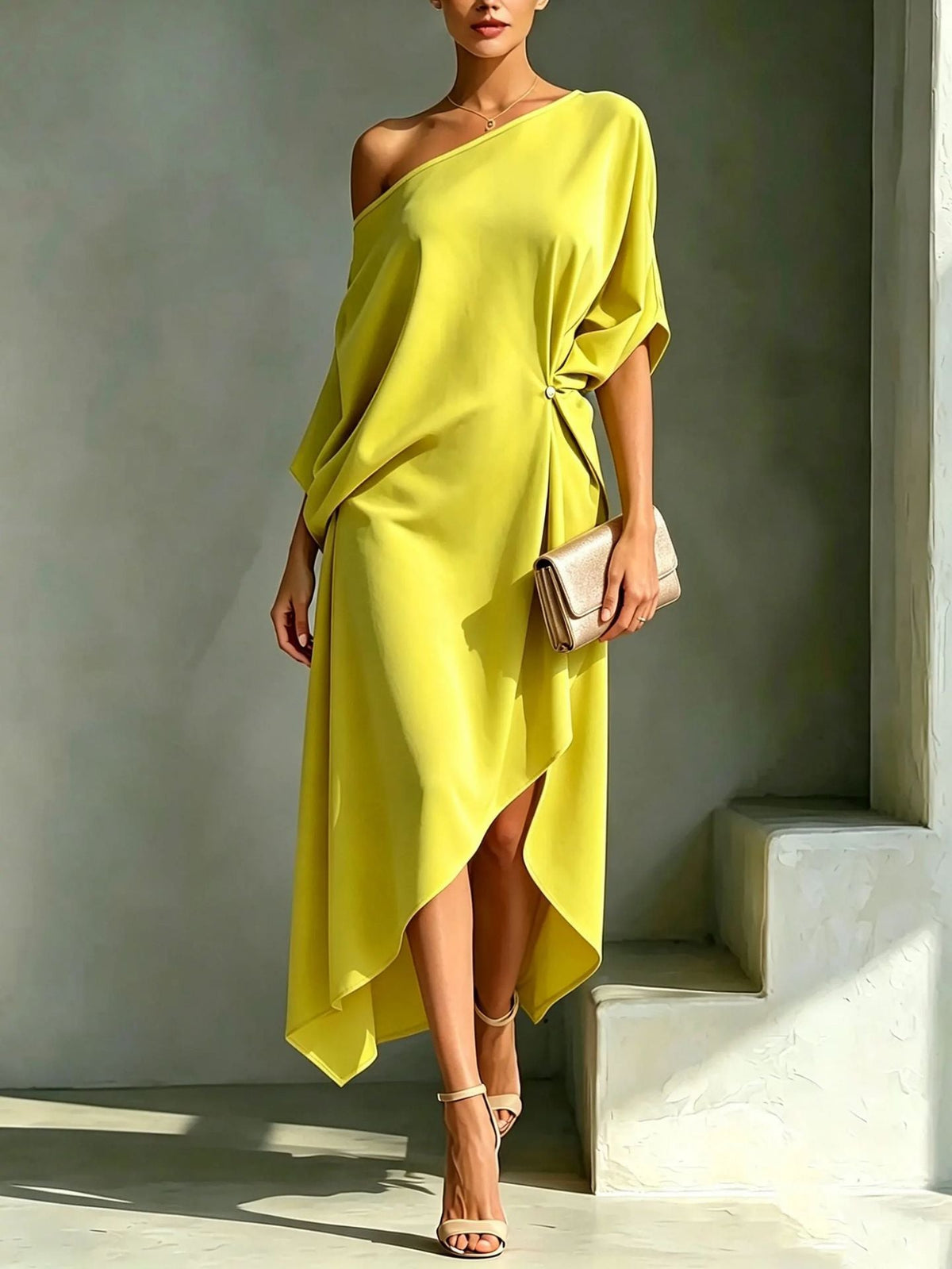 One Shoulder Dolman Sleeve Asymmetric High Low Midi Dress 2