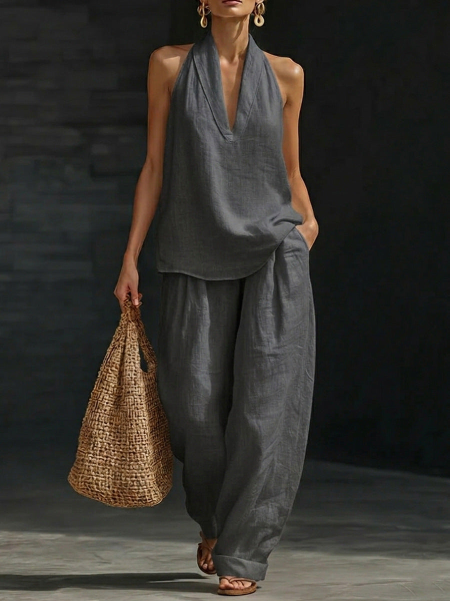 Halter Deep V-Neck Sleeveless Top and Wide Leg Pants Two Piece Set 4