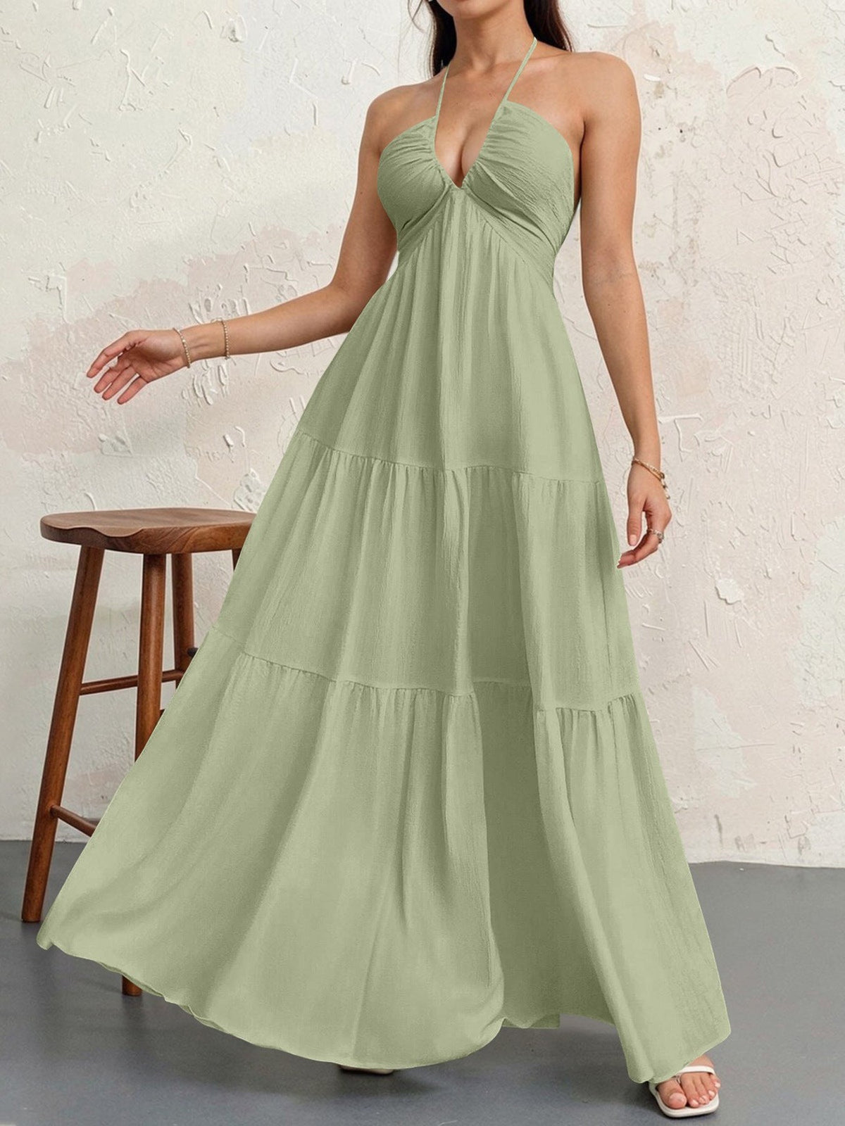 Halter Neck Deep V-Neck Tiered Maxi Dress 8
