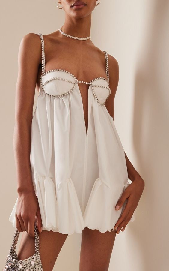 Pleated Rhinestone Cami Mini Dress in White - View 2