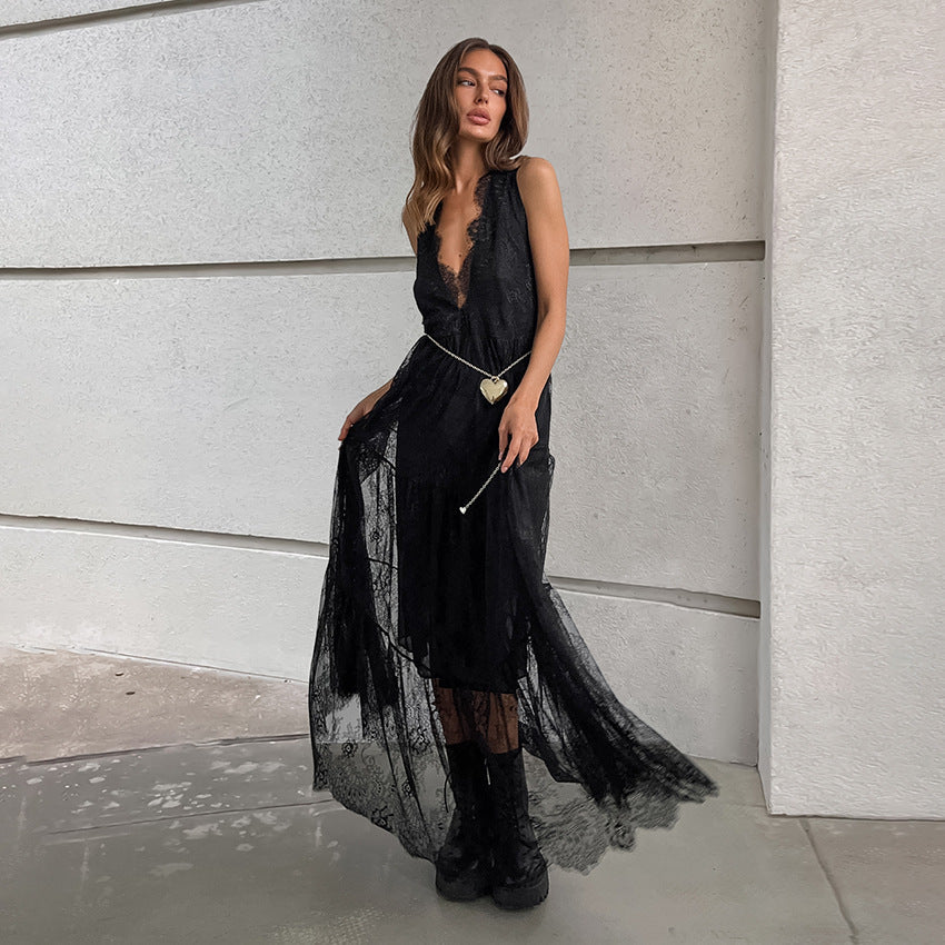Black Brocade Lace All Matching V-neck Loose Backless Dress - View 3
