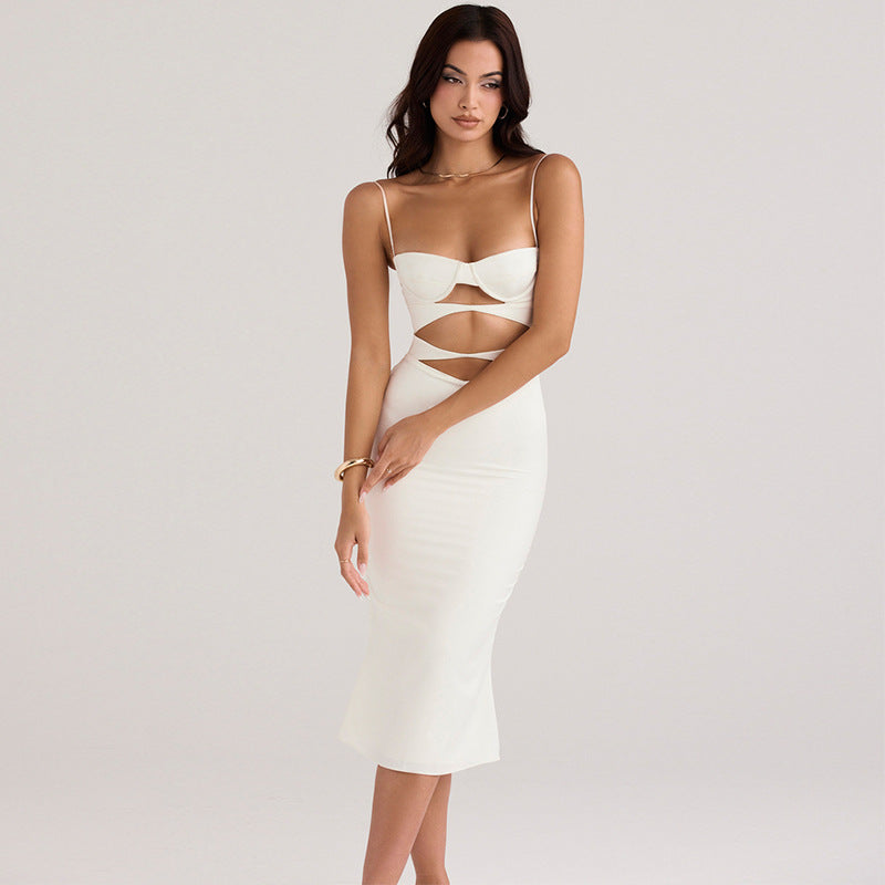 Spaghetti Strap Bustier Cut Out Waist Bodycon Bandage Midi Dress