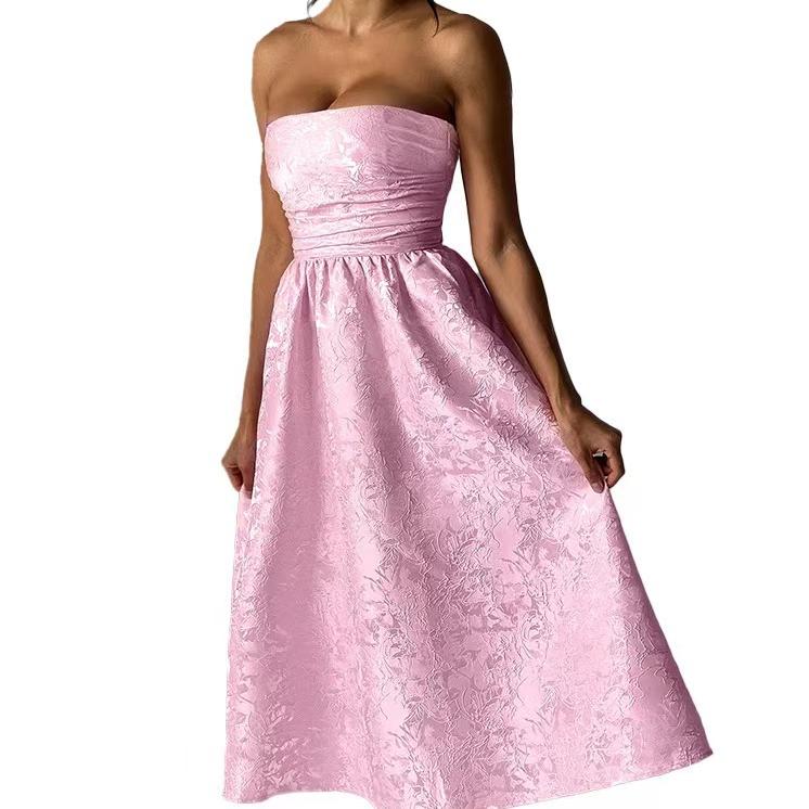 Jacquard Strapless Ruched Waist Fit and Flare Midi Dress - View 7