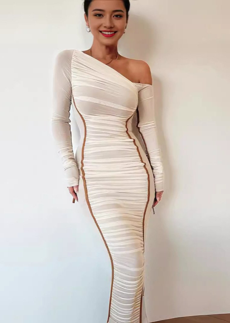 Asymmetrical Elegance Mesh Midi Dress - View 4