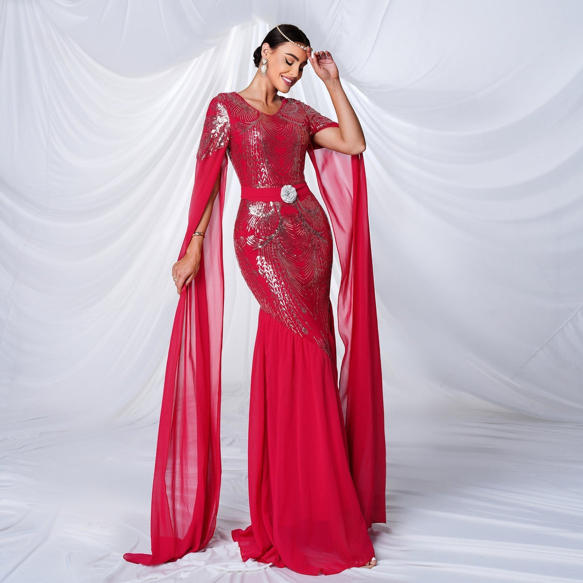 Sequin Round Neck Cape Sleeve Beaded Mermaid Evening Gown - View 2