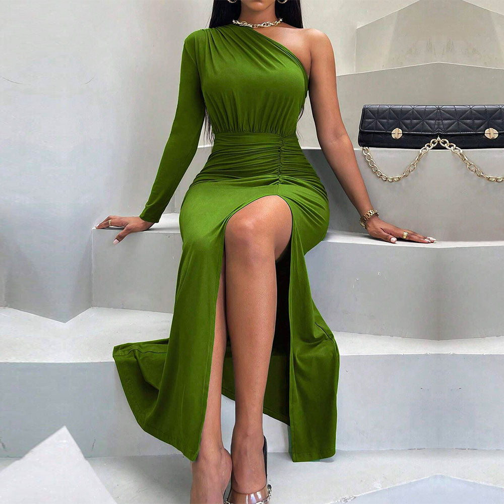 One Shoulder Long Sleeve Ruched High Split Bodycon Maxi Dress - View 4