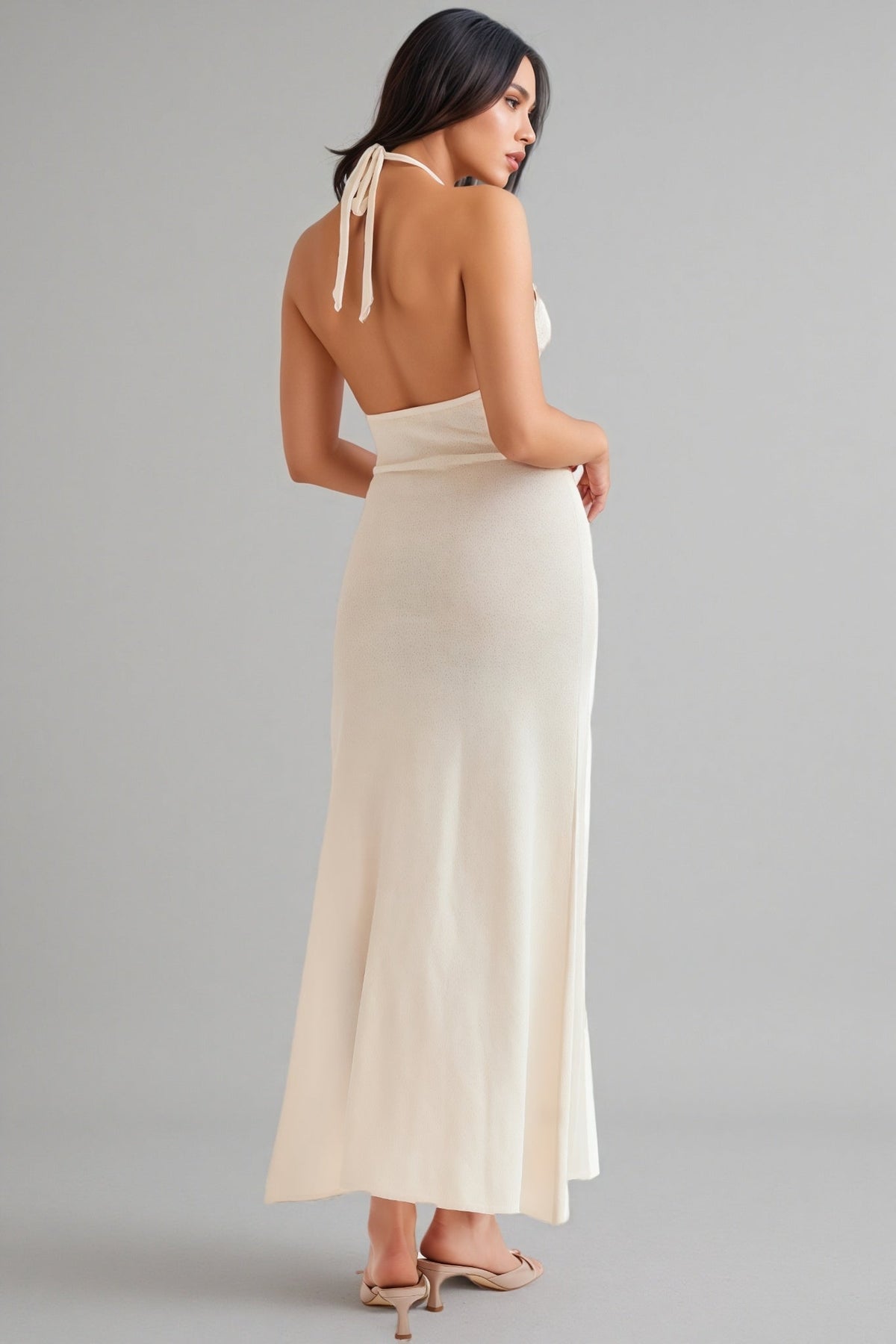 Knit Halter Neck Rosette Applique High Split Bodycon Maxi Dress - View 6