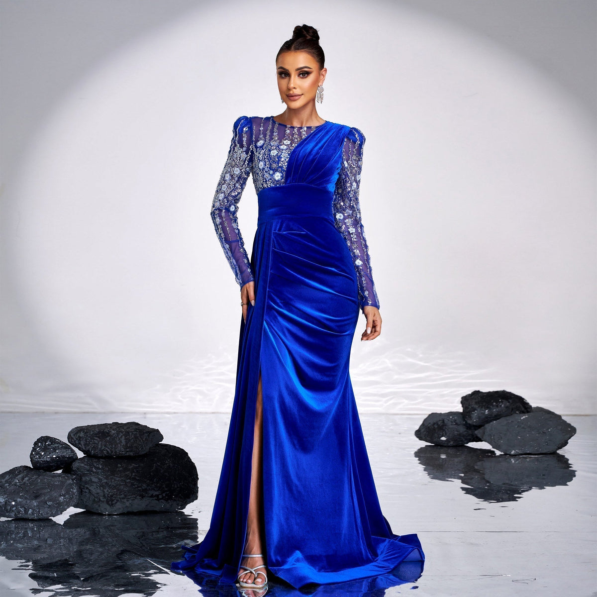 Velvet Round Neck Long Sleeve Beaded Ruched High Split Mermaid Gown - View 2