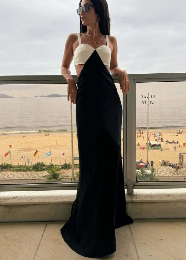 Sweetheart Spaghetti Strap Side Cut Out Two Tone Maxi Gown - View 4