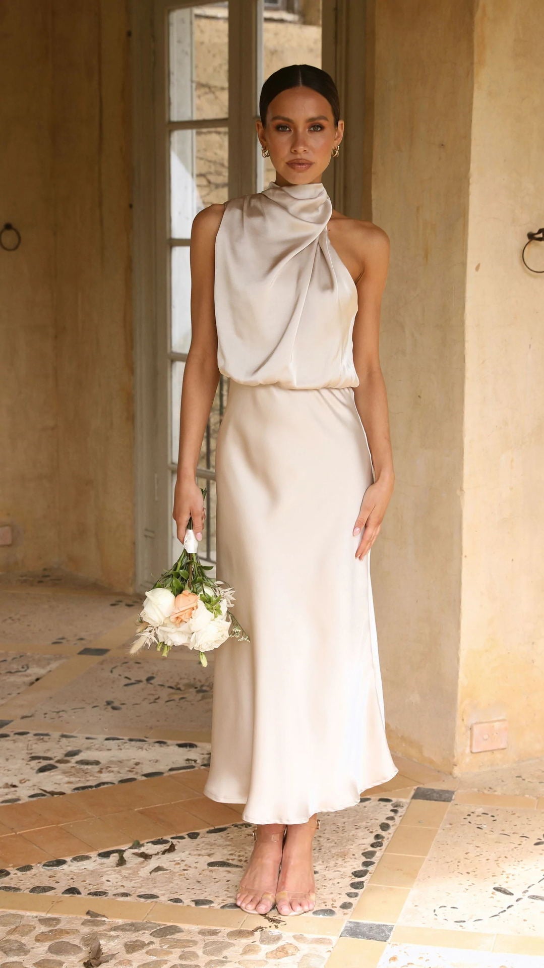 Mature Elegant Sleeveless Halter Solid Color Satin Dress - View 2