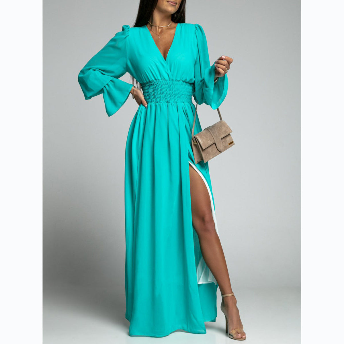 Chiffon Deep V-Neck Puff Sleeve Bell Cuff Smocked Maxi Dress - View 6